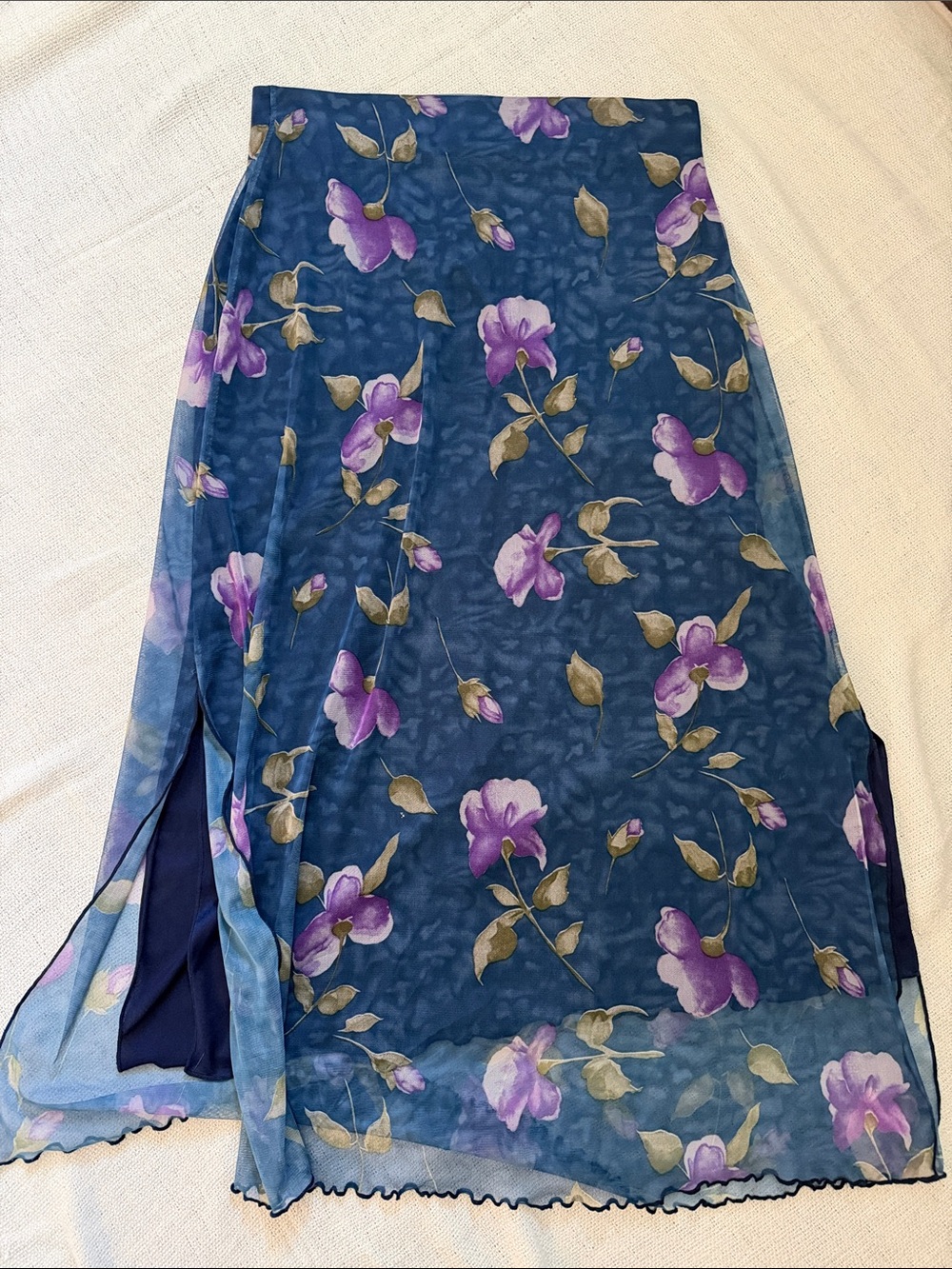 Blue Floral Midi Skirt with Purple Blooms